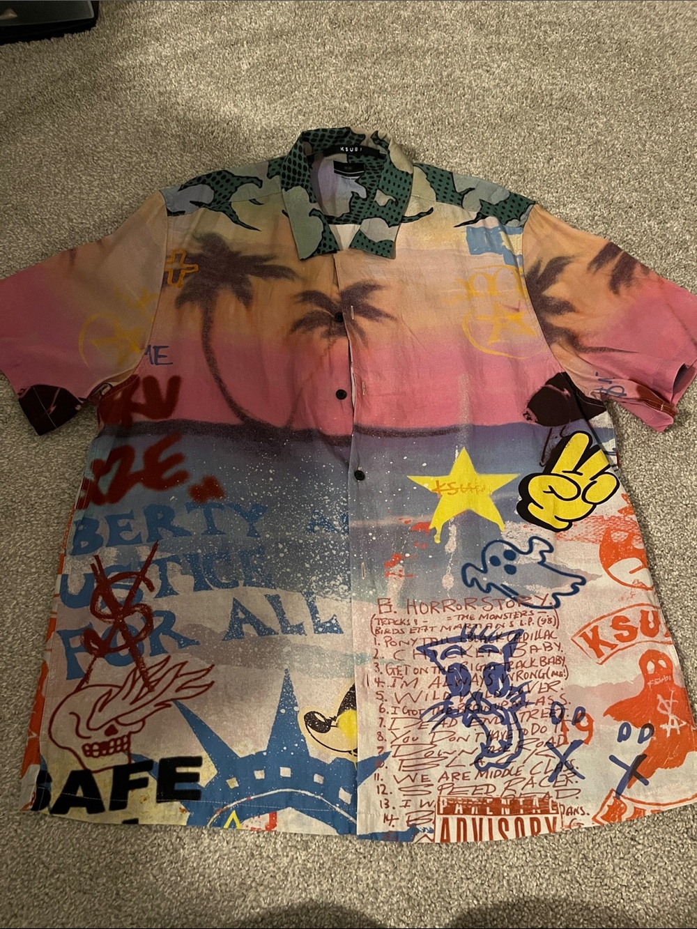 Ksubi Pink Orange Blue Graffiti Print Short Sleeve Button-Down Shirt